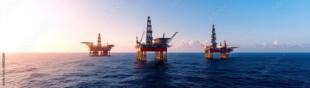 Panoramic view of multiple offshore oil rigs, clear sunny day, distant horizon visible, vast expanse of open sea, balanced and symmetrical composition Panoramic view of multiple offshore oil rigs, clear sunny day, distant horizon visible, vast expanse of open sea, balanced and symmetrical composition