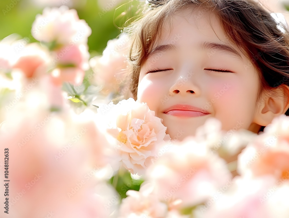 A joyful young girl smiles among blooming pink flowers, embodying beauty and innocence in a vibrant natural setting. A joyful young girl smiles among blooming pink flowers, embodying beauty and innocence in a vibrant natural setting.