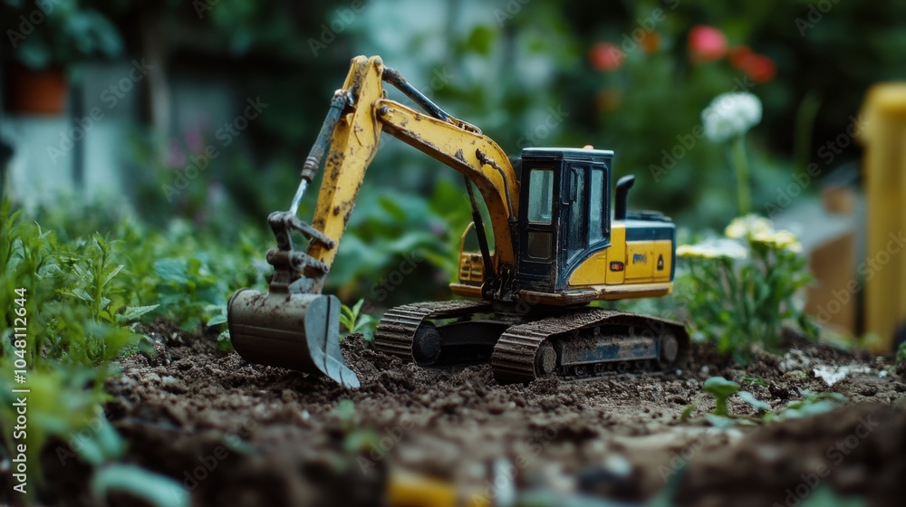 A small excavator at work in a backyard garden, preparing the land for planting or construction. A small excavator at work in a backyard garden, preparing the land for planting or construction.