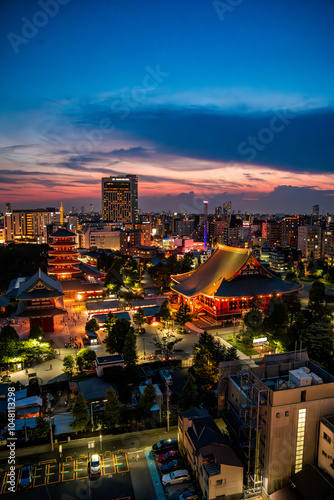 Senso-ji temple by night in Asakusa, Taito City, Tokyo, Japan photo