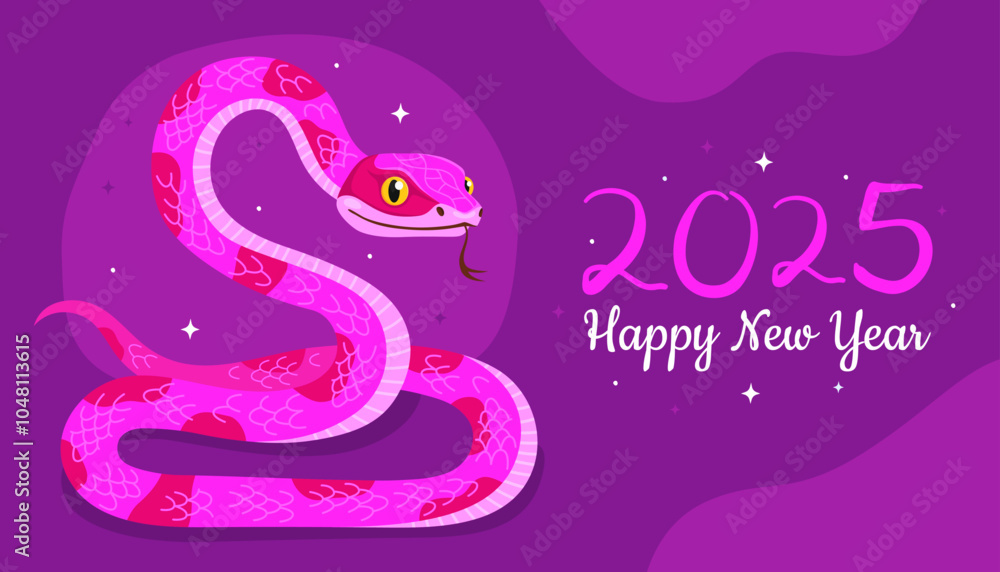 Happy 2025 New Year of the Snake, Lunar New Year or Chinese New Year. Zodiac animal cartoon character. Greeting card or banner with cute pink snake, purple background. Happy 2025 New Year of the Snake, Lunar New Year or Chinese New Year. Zodiac animal cartoon character. Greeting card or banner with cute pink snake, purple background.