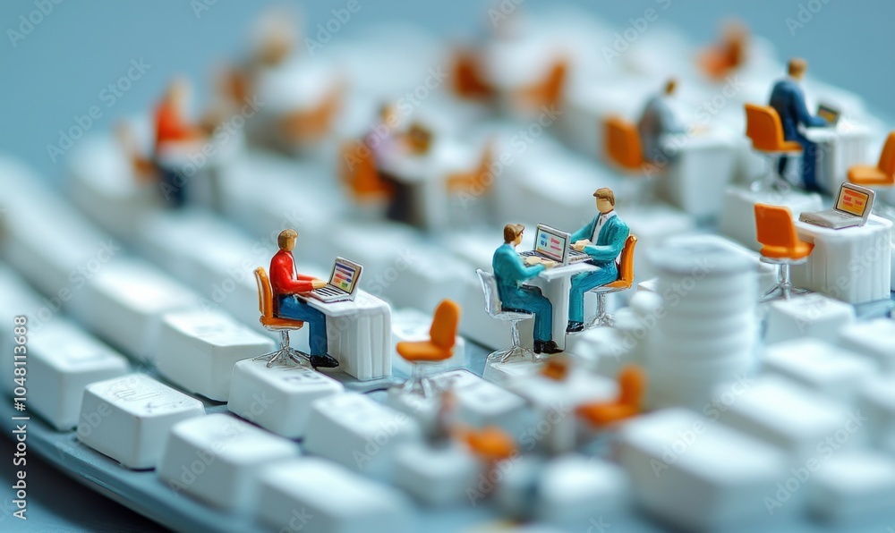 Fototapeta premium Miniature office workers typing on a giant keyboard, using the keys as desks and chairs, 3D whimsical