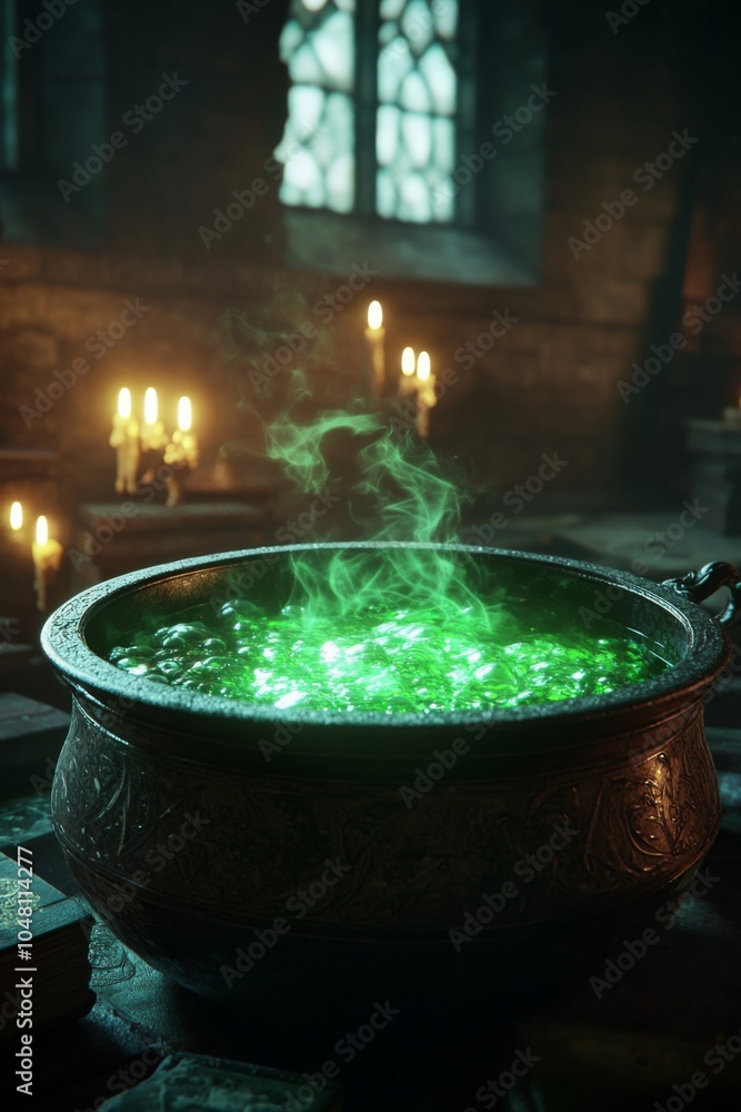 A mystical potion bubbling in a large cauldron, emitting vibrant green smoke, surrounded by flickering candles in an ancient, dimly lit wizard’s chamber. A mystical potion bubbling in a large cauldron, emitting vibrant green smoke, surrounded by flickering candles in an ancient, dimly lit wizard’s chamber.