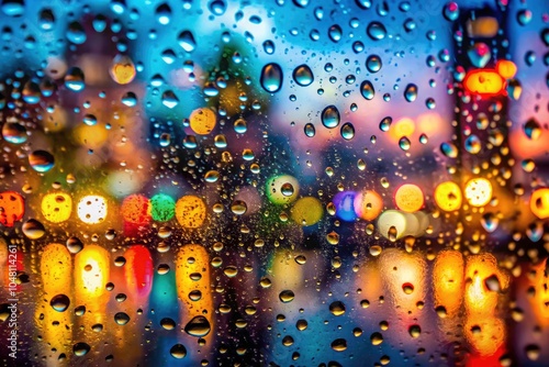 Captivating Macro Photography of Rainy Window Reflections, Vibrant Colors, Nature's Beauty, Water Droplets, Glass Surface, Abstract Patterns