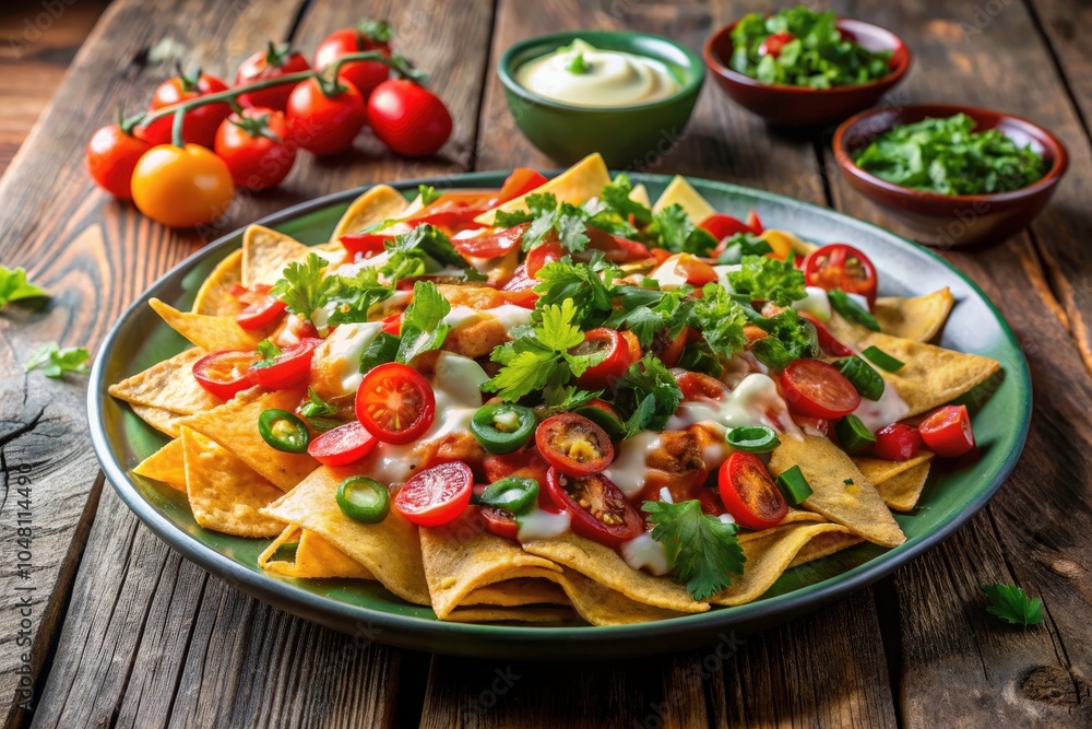 Cheesy Nachos with Fresh Toppings on Rustic Wood Cheesy Nachos with Fresh Toppings on Rustic Wood