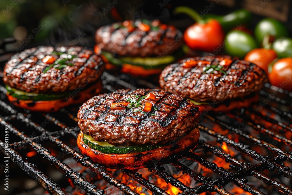 Fototapeta premium Juicy Grilled Burgers on BBQ Grill with Vegetables and Flames