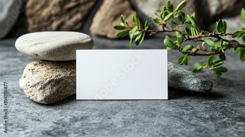 White paper business card, mockup with natural stone and boxwood branch on gray concrete background.