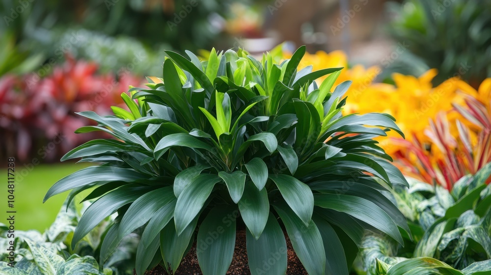 Fototapeta premium Close-up of lush green tropical plant in a vibrant greenhouse, with a backdrop of exotic, colorful foliage adding depth to the scene