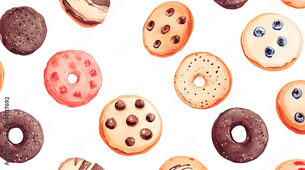 Obraz premium A delightful seamless pattern featuring croissants and donuts, showcasing various baked treats in a colorful and appetizing design