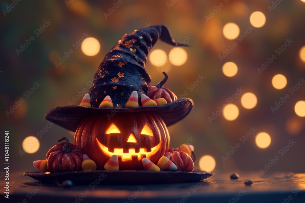 Naklejka premium A whimsical Halloween scene featuring a carved pumpkin with a witchs hat surrounded by colorful candies and small pumpkins, glowing warmly against a bokeh background.