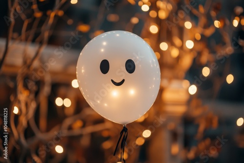 A cheerful white balloon with a smiling face floats against a backdrop of warm, glowing fairy lights, creating a whimsical and festive atmosphere.