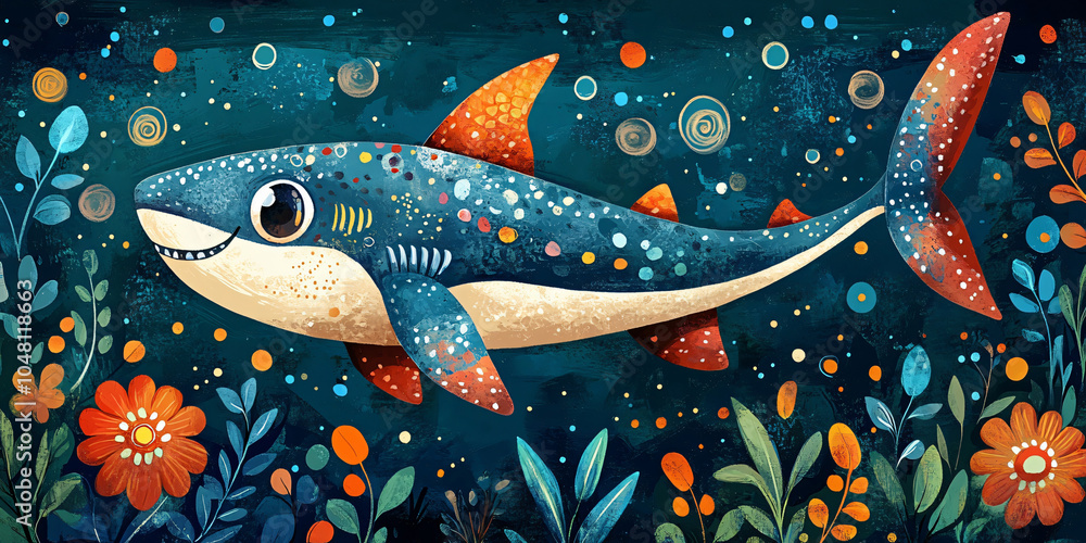 A cute cartoon shark with a friendly expression swims through a colorful underwater world, A cute cartoon shark with a friendly expression swims through a colorful underwater world,