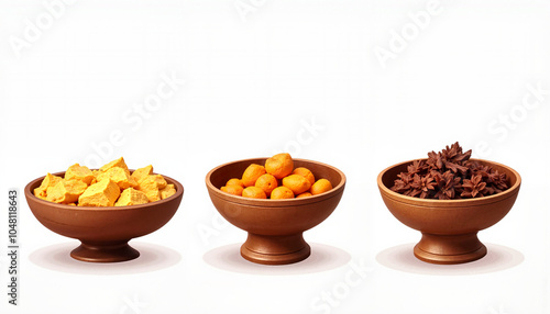 Three snack bowls with chips, nuts, and chocolate on white