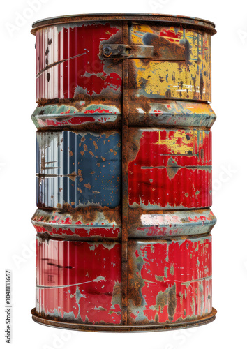 Distressed Oil Barrel with Rusty Texture and Colorful Paint photo