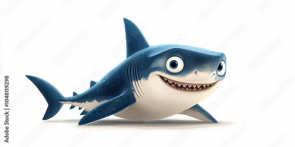 Fototapeta premium A friendly cartoon shark smiles with its teeth showing.