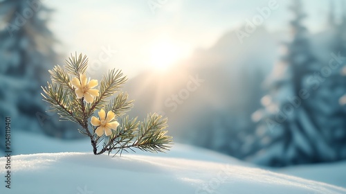 A serene winter morning pine branch with yellow flowers emerging from the snow under a soft sunrise glow