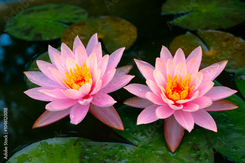 Beautiful closeup of two pink lotus flowers in full bloom, surrounded by lush greenery in an outdoor garden. Ideal for floral photography, showcasing the peaceful and exotic beauty of nature.