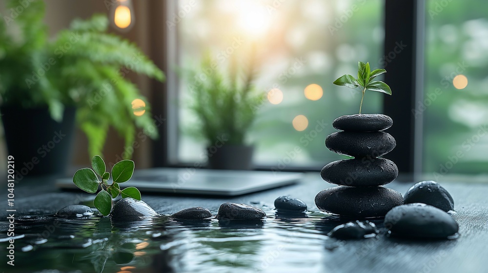 Serene Calm Water with Rocks and Nature Elements Serene Calm Water with Rocks and Nature Elements