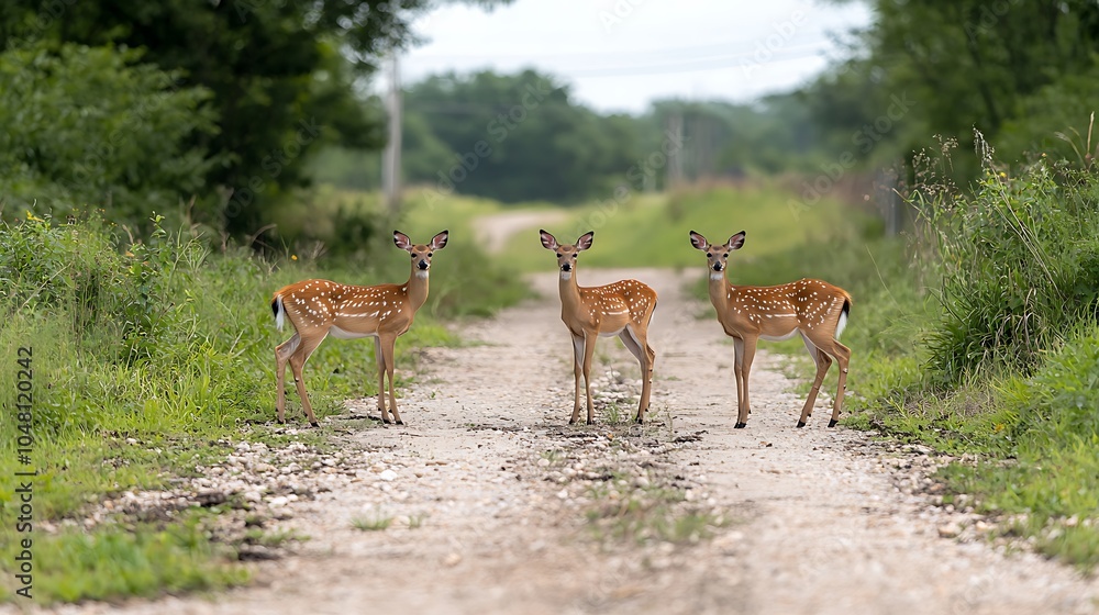 Three young deer standing gracefully on a dusty country road surrounded by lush greenery and nature's beauty Three young deer standing gracefully on a dusty country road surrounded by lush greenery and nature's beauty