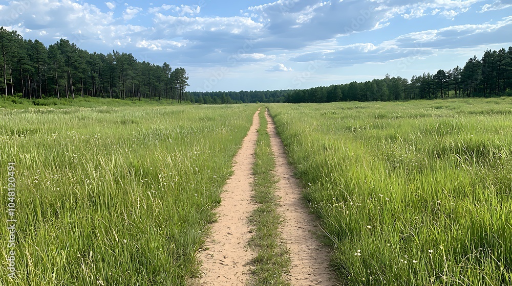 A serene path through lush green fields under a bright blue sky embracing nature's tranquility A serene path through lush green fields under a bright blue sky embracing nature's tranquility
