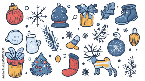 Seamless pattern featuring birds and flowers with festive Christmas elements like trees, snowflakes, and gifts for a cheerful holiday design