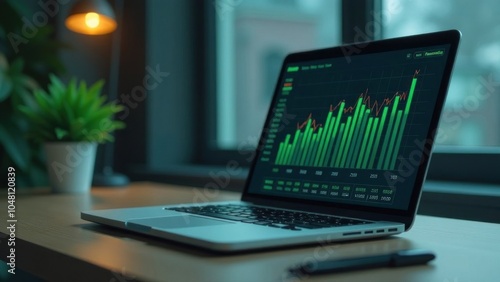 Business growth chart on laptop screen in office. Laptop with financial graph in modern workspace. Digital stock market analysis on computer in corporate environment