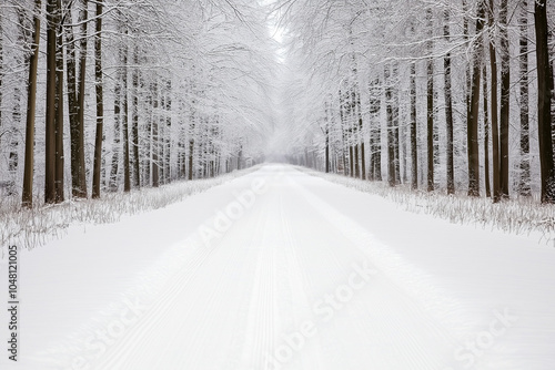 serene snowy path leads through dense forest, creating tranquil atmosphere