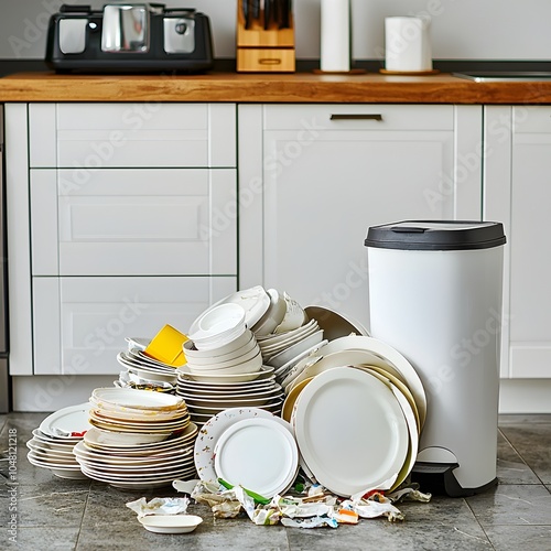 Overwhelming Kitchen Cleanup A Pile of Dirty Dishes and Overflowing Trash photo