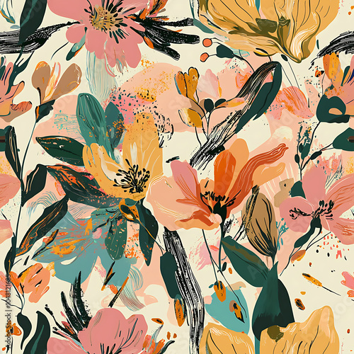 A seamless pattern of large, vibrant flowers with a retro-inspired color scheme. This abstract design is perfect for backgrounds, textiles photo