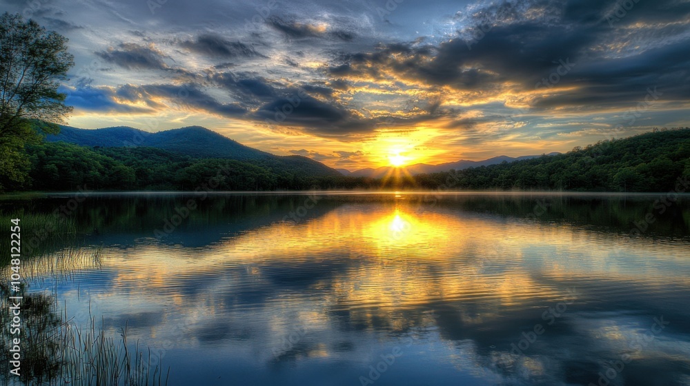 Fototapeta premium Dawn's Embrace: Tranquil Reflections on a Lake