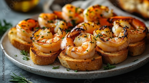 A plate of delicious grilled shrimp on small baguette toasts