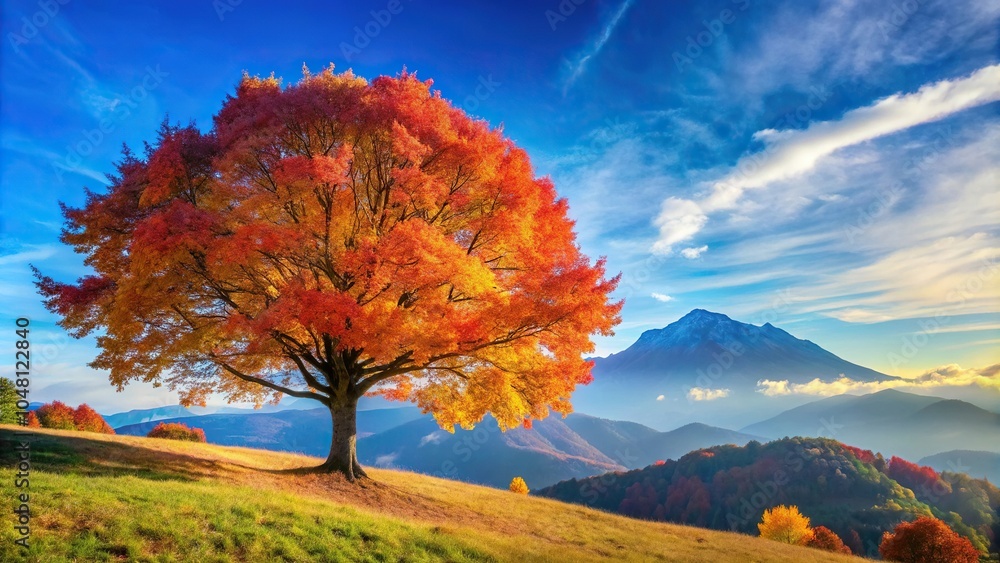 Fototapeta premium Tilted angle colorful tree against blue sky and mountains in autumn