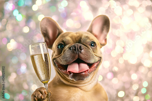 A French Bulldog drinks champagne at a New Year's Eve party, surrounded by festive decorations and colorful lights. The concept of celebration, joy, and starting the new year with style and fun. photo