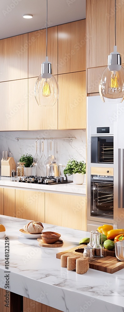 Modern Kitchen Interior with Wooden Cabinets and Marble Countertop. Modern Kitchen Interior with Wooden Cabinets and Marble Countertop.