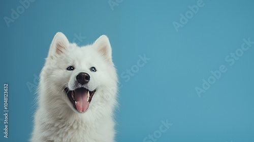 A white Samoyed dog with blue eyes smiles and looks at the camera against a blue background.