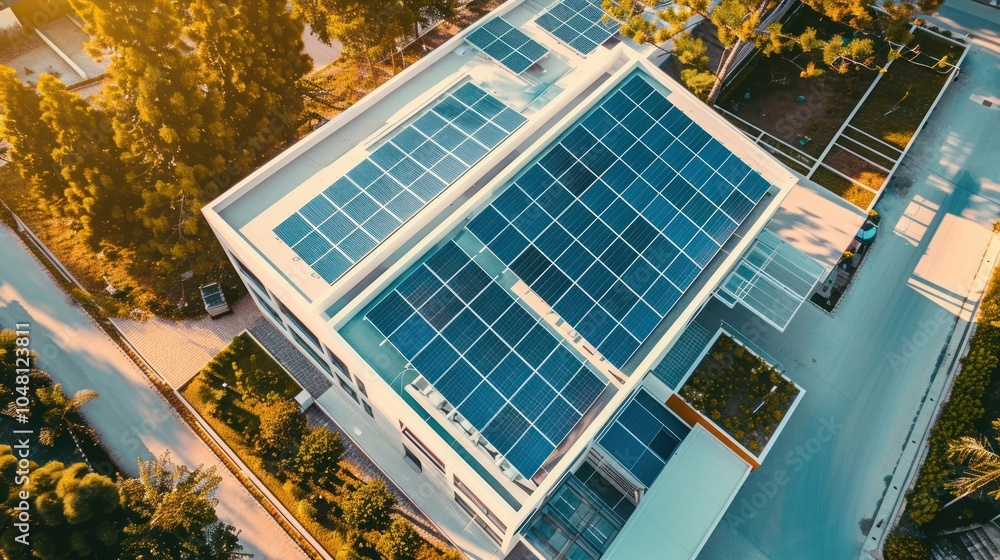 Aerial View of a Building with Solar Panels on its Roof Aerial View of a Building with Solar Panels on its Roof