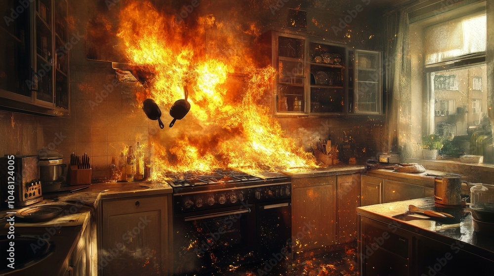 A kitchen in chaos as flames take over the stove and countertops, with fire and smoke filling the air, while cooking utensils and ingredients are abandoned in the midst of the disaster A kitchen in chaos as flames take over the stove and countertops, with fire and smoke filling the air, while cooking utensils and ingredients are abandoned in the midst of the disaster