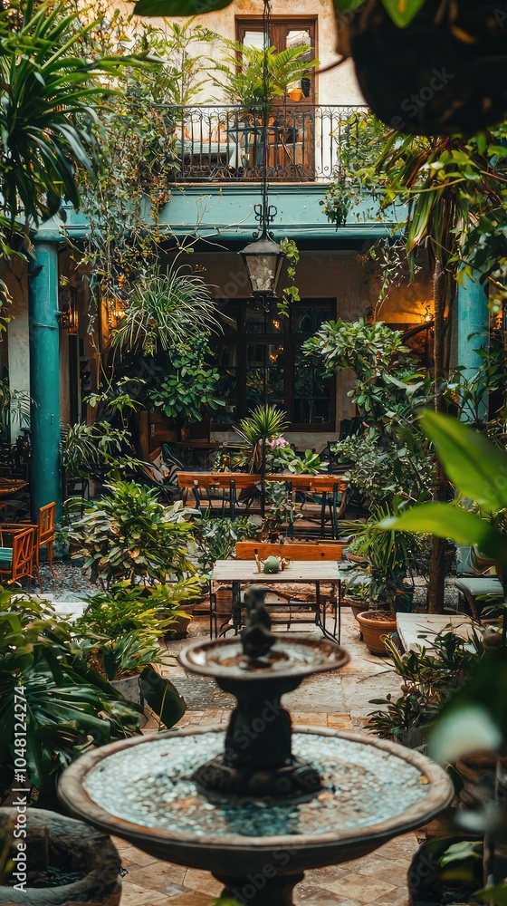 Serene Courtyard with Central Fountain and Lush Greenery