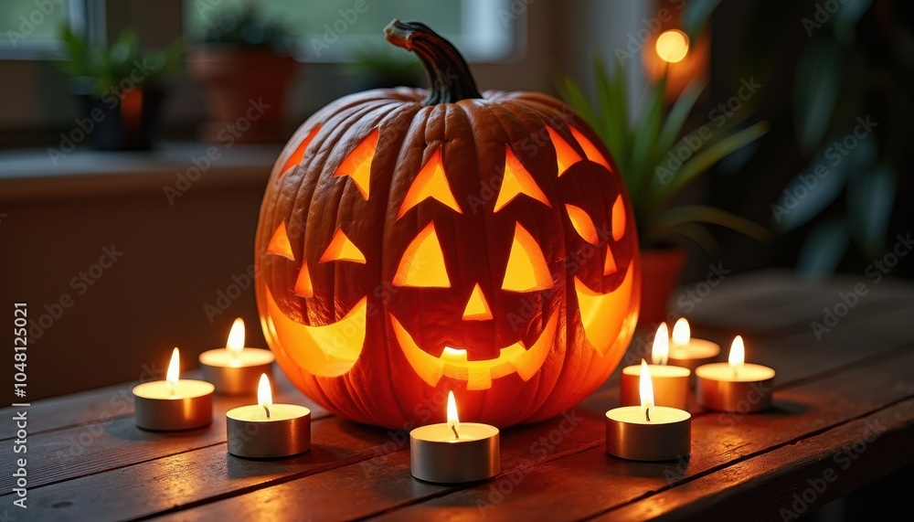 Fototapeta premium A creative pumpkin design featuring multiple faces carved into one pumpkin illuminated by candles showcasing Halloween spirit.