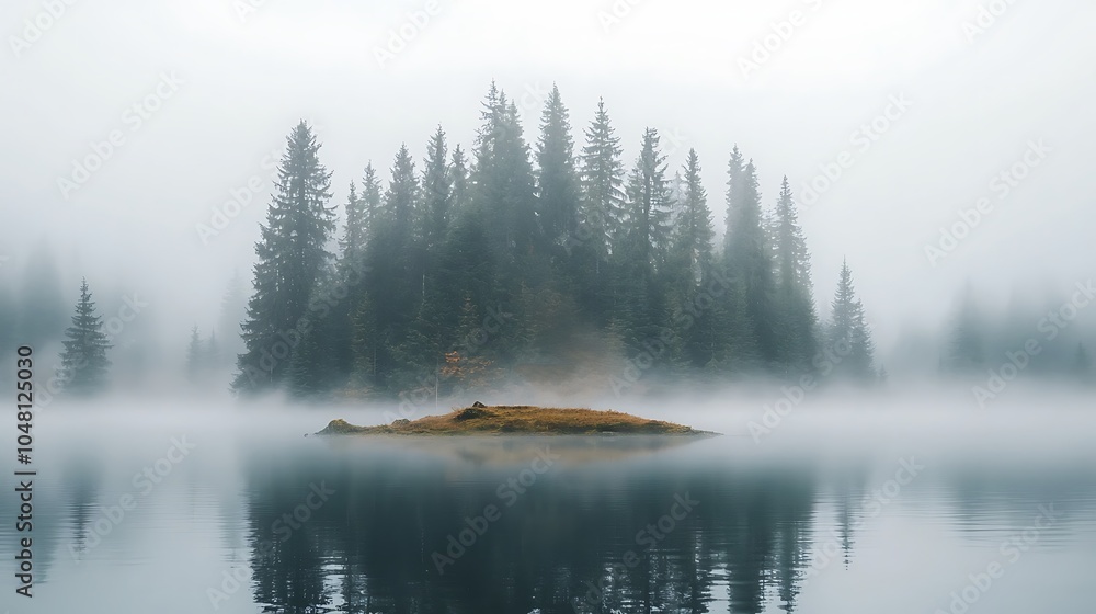 Fototapeta premium Mysterious island surrounded by mist and evergreens a tranquil reflection on still waters of nature's beauty