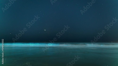 Wallpaper Mural Timelapse of Bioluminescent Waves with Milky Way and Comet in the night sky in Venice Beach, California Torontodigital.ca