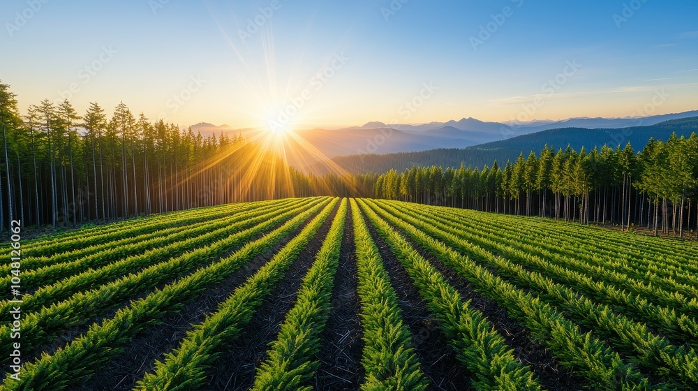 A vibrant farm landscape with rows of crops bathed in morning sunlight, set against a backdrop of mountains and trees. A vibrant farm landscape with rows of crops bathed in morning sunlight, set against a backdrop of mountains and trees.