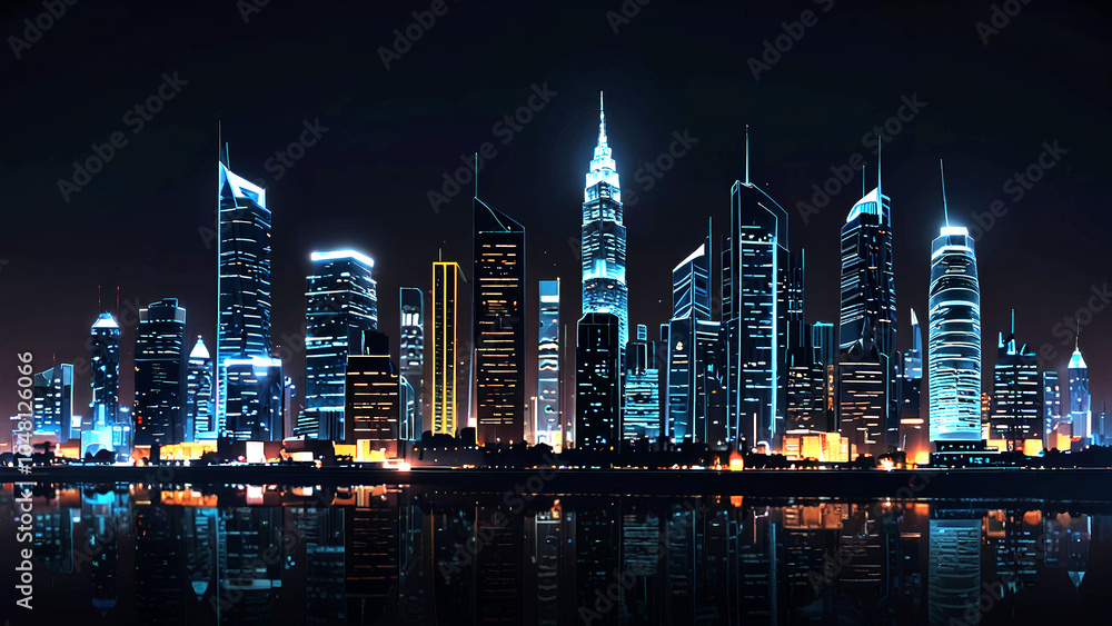Obraz premium A Smart city technology at night, featuring illuminated skyscrapers and a beautifully lit background with a clear sky