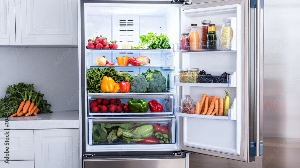 A sleek stainless steel refrigerator with its door open, showing a variety of fresh produce, including leafy greens, berries, and carrots, with an organized and clean interior A sleek stainless steel refrigerator with its door open, showing a variety of fresh produce, including leafy greens, berries, and carrots, with an organized and clean interior