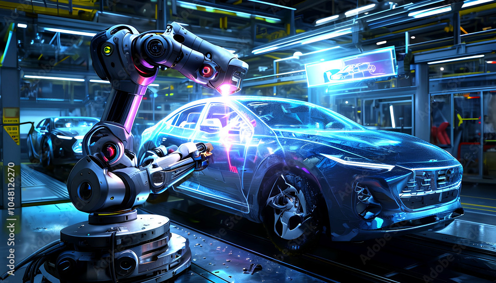Obraz premium Robot and car cockpit with various engines and automotive parts, showcasing technology and transportation elements