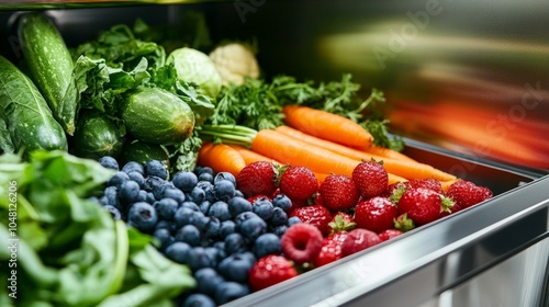 A sleek stainless steel refrigerator with its door open, showing a variety of fresh produce, including leafy greens, berries, and carrots, with an organized and clean interior