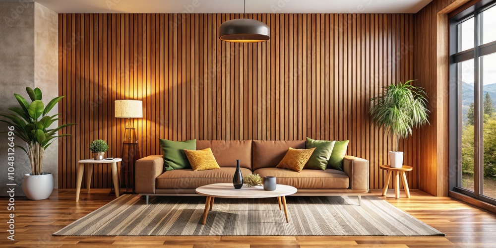 Fototapeta premium Modern Living Room Interior with Wooden Walls, Floor, and Cozy Brown Sofa - Stylish Home Decor Ideas for Elegant Interiors