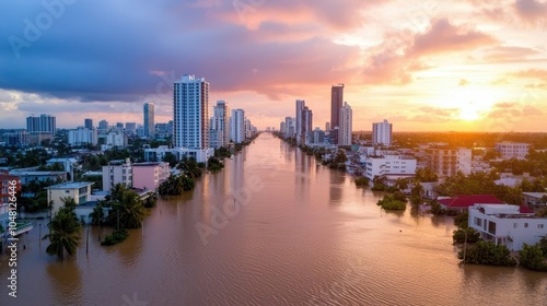 Wallpaper Mural A vibrant sunset over a flooded urban landscape, showcasing high-rise buildings alongside a brownish river. Torontodigital.ca