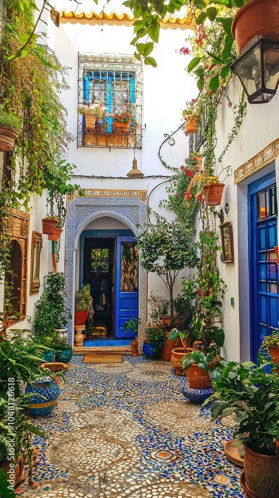 Fototapeta premium Charming Courtyard Filled with Lush Greenery and Colorful Pots