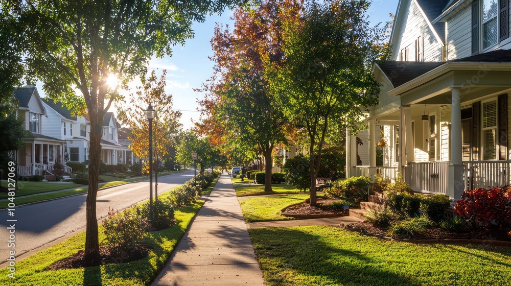 Fototapeta premium Neighborhood street lined with homes, front porches, and sidewalks for community interaction.